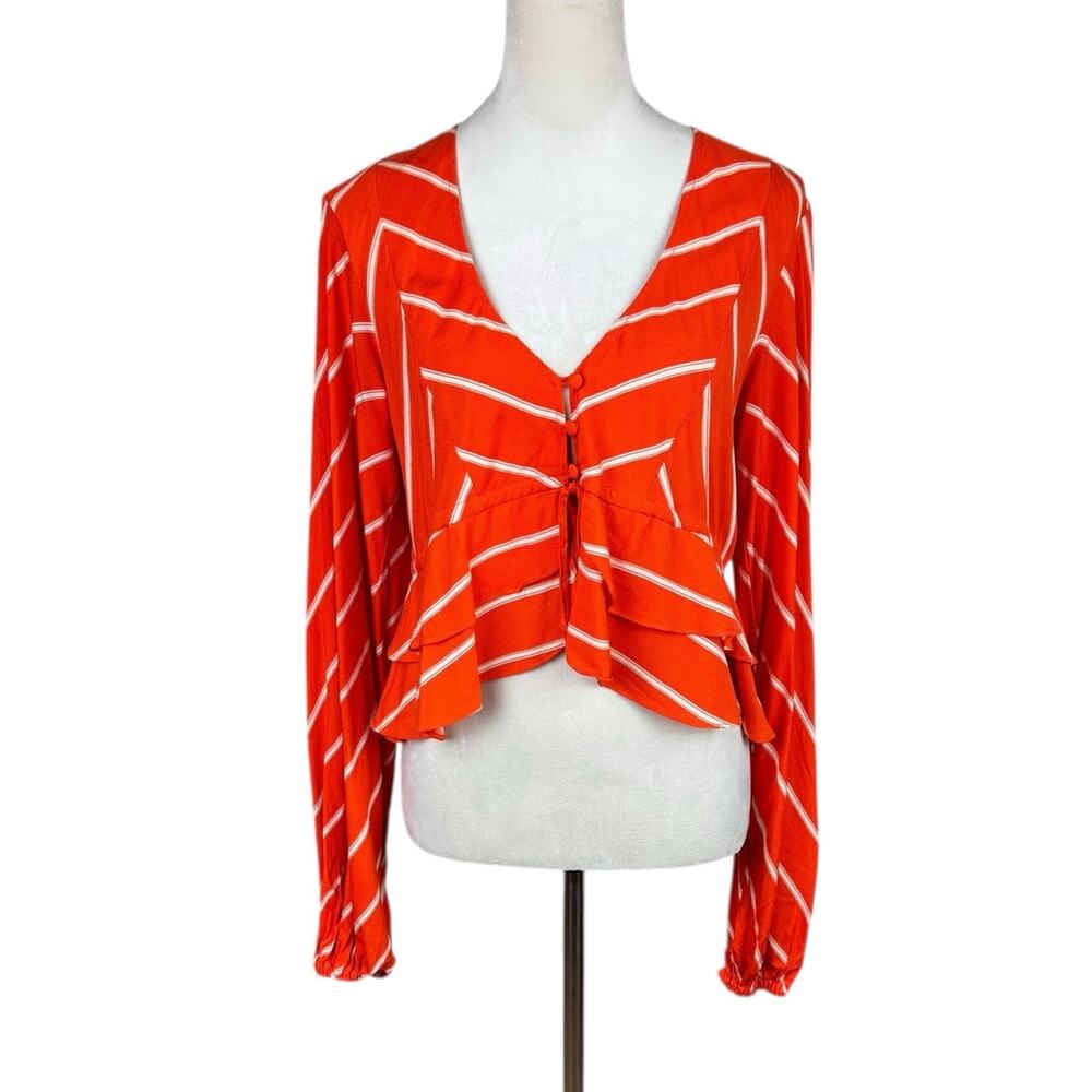 Free People NWT Samifran Top Orange Cream Stripe Ruffle Long Sleeve Crop Blouse